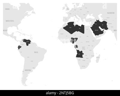 OPEP, Organisation des pays exportateurs de pétrole. Carte du monde avec Etats membres surlignés en noir depuis 2017. Illustration vectorielle. Illustration de Vecteur