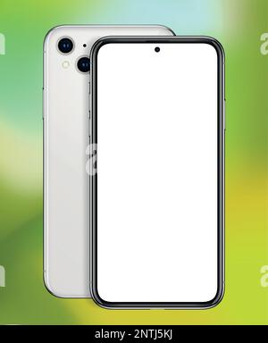 Maquette de smartphone Vector sur fond vert avec écran vide. Modèle de téléphone cellulaire avec vue avant et arrière. Illustration de Vecteur