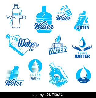 Icônes de distribution d'eau propre. Symboles vectoriels de la société de production et de distribution d'eau potable en bouteille, icônes bleues du service de livraison d'eau minérale avec gouttes, bulles et bouteilles de gallons, cruches Illustration de Vecteur