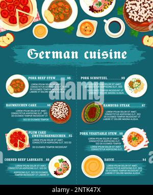 Cuisine allemande restaurant menu. Ragoût de bœuf de porc, bœuf corné Labskaus et schnitzel de porc, gâteau aux prunes Zwetschgenkuchen, ragoût de légumes de porc et gâteau Baumkuchen, sauce, steak de Hambourg Illustration de Vecteur