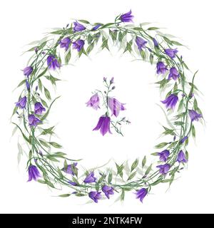 Couronne aquarelle avec campanula, avoine sauvage isolée sur fond blanc. Peinture à la main pour la carte postale, modèle d'invitation, Saint-Valentin Banque D'Images