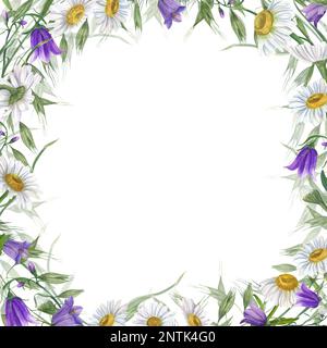 Couronne d'aquarelle avec Marguerite, campanula, avoine sauvage isolée sur fond blanc. Peinture à la main pour la carte postale, modèle d'invitation, Saint-Valentin Banque D'Images