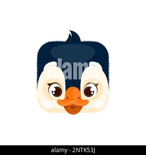 Dessin animé pingouin kawaii carré visage animal, isolé drôle de tête d'oiseau icône. Portrait de personnage de vecteur drôle, créature arctique mignonne. Bouton de l'application, élément de conception graphique, interface utilisateur ou avatar de l'interface utilisateur graphique Illustration de Vecteur