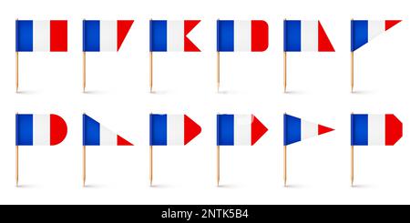 Différents drapeaux de cure-dents français réalistes. Souvenir de France. Cure-dents en bois avec drapeau en papier. Repère d'emplacement, pointeur de carte. Maquette vide pour Illustration de Vecteur