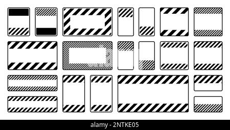 Divers panneaux d'avertissement noirs vierges avec lignes diagonales. Panneau attention, danger ou attention, signalisation du chantier. Panneau de signalisation réaliste Illustration de Vecteur