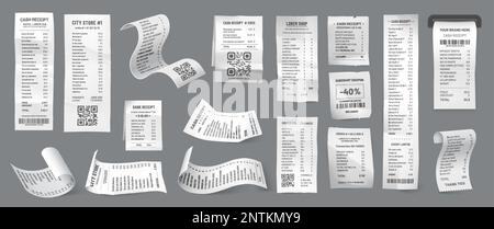 Reçus de caisse. Facture de paiement d'achat d'un supermarché ou d'un magasin, facture bancaire ou transaction d'argent finance 3D document vectoriel réaliste. Impression de la commande du magasin ou de la caisse de l'hôtel, du guichet automatique et de la vérification du terminal du PDV Illustration de Vecteur
