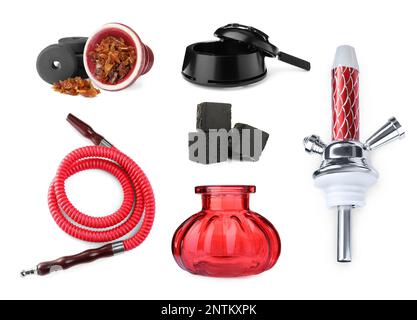 Kit moderne de narguilé sur fond blanc, collage Banque D'Images