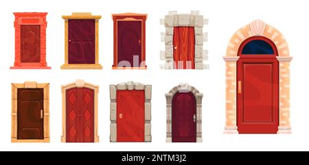 Portes avant avec porte en pierre. Entrée de la maison de dessin animé avec cadre en pierre ou en marbre. Portes extérieures à façade vectorielle. Portes en bois de luxe décorées avec des montants de porte rocailleux. Entrée à l'hôtel, chalet, manoir Illustration de Vecteur