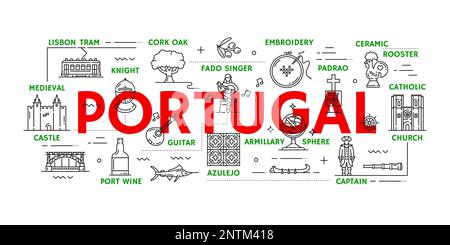 Portugal icônes de voyage des monuments de Lisbonne et des symboles de vecteur touristique portugais. Portugal Voyage et visites des icônes de tram, châteaux et symbole de coq de Lisbonne, la culture, la tradition et l'art azulejo Illustration de Vecteur