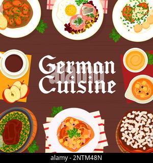 Modèle de couverture du menu de cuisine allemande. Steak de Hambourg, ragoût et sauce de légumes de porc, schnitzel de porc, gâteau aux prunes Zwetschgenkuchen et gâteau Baumkuchen, boeuf corned Labskaus, ragoût de boeuf de porc Illustration de Vecteur