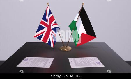 La Palestine et le drapeau britannique. Concept politique, accord de partenariat entre les pays. Accord de partenariat des gouvernements 3D illustration. Banque D'Images