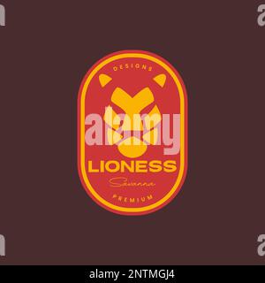 savane tête bête lioness angry isolé badge vintage logo design vecteur icône illustration Illustration de Vecteur