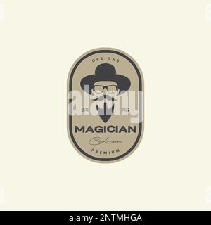 cool old man barbu moustache magicien chapeau vintage badge logo design vecteur icône illustration Illustration de Vecteur