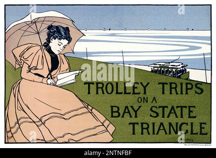 Voyages en tramway sur un triangle de la baie par Charles Herbert Woodbury (1864-1940).affiche publiée en 1897 aux États-Unis. Banque D'Images