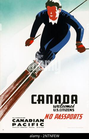 Le Canada accueille les citoyens américains. Pas de passeport par Peter Ewart (1918-2001). Affiche publiée en 1940. Banque D'Images
