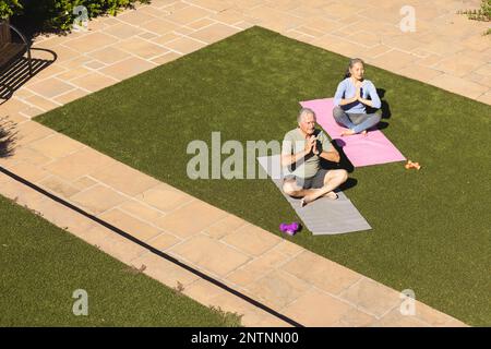 Heureux senior divers couple faisant du yoga et méditant dans le jardin Banque D'Images
