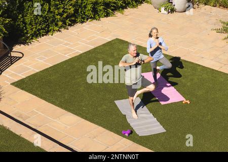 Heureux senior divers couple faisant du yoga et méditant dans le jardin Banque D'Images