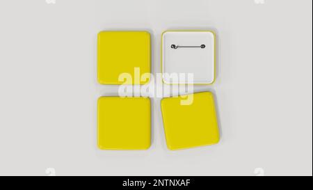 Les épingles de badge carrées jaunes se masquent sur fond blanc. maquette de broche ou de broche de fermoir. rendu 3d, illustration 3d Banque D'Images