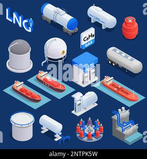 Équipement de l'industrie du gaz ensemble isométrique de véhicules de fret maritime et terrestre et éléments de terminal pour illustration de vecteur isolé de gaz naturel liquéfié Illustration de Vecteur