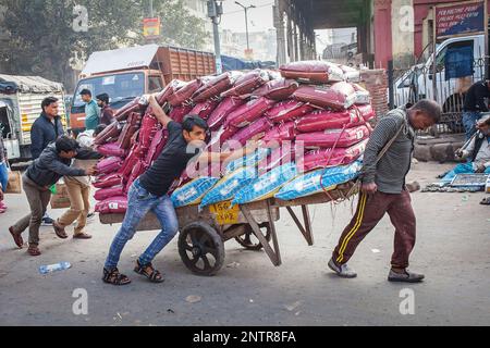 La distribution des transporteurs des marchandises dans le marché intérieur, Chandni Chowk, Old Delhi, Inde Banque D'Images