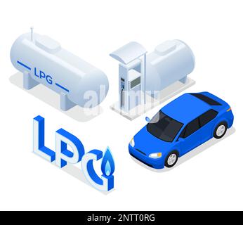 Concept de conception isométrique GPL ensemble de conteneur avec gaz de pétrole liquéfié et illustration vectorielle isolée de station de ravitaillement de voiture Illustration de Vecteur