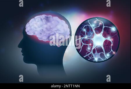 Composition réaliste avec profil de la tête du cerveau humain et illustration du vecteur des neurones lumineux Illustration de Vecteur