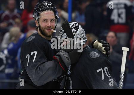 Tampa Bay Lightning defenseman Victor Hedman (77, right) celebrates with  teammates, including right wing Taylor Raddysh (16) and left wing Ross  Colton (79) after scoring against the New Jersey Devils during the