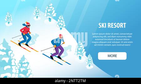 Bannière horizontale isométrique de station de ski avec des sportifs qui voyagent sur une colline enneigée illustration vectorielle Illustration de Vecteur