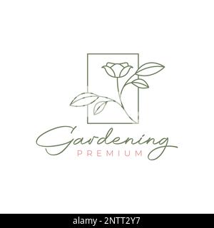 cadre avec fleurs rose jardinage plante féminine ligne minimaliste logo design vecteur Illustration de Vecteur