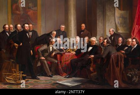 Hommes de progrès, (inventeurs et innovateurs américains du 19th siècle), portrait peint à l'huile sur toile par Christian Schussele, 1862 Banque D'Images