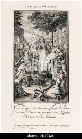 Olympe de gouges remet à Marie-Antoinette et Louis XVI son œuvre littéraire "Déclaration des droits de la femme et du citoyen féminin", gravure de Frussotte d'après Claude-Louis Desrais, 1791 Banque D'Images