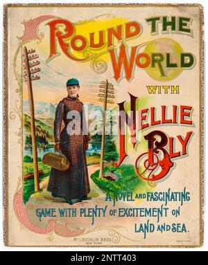 Tour du monde avec Nellie Bly, couverture de jeu de société, peinture par JA Grozier, d'après HA Mayers, vers 1890 Banque D'Images