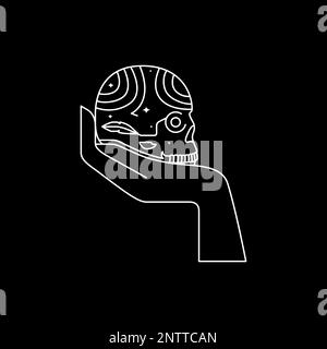main avec crâne cranium espace nuit sombre ligne minimaliste logo vecteur Illustration de Vecteur