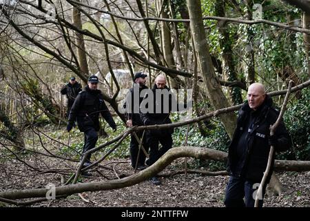 Des équipes de recherche policière ont entrepris de fouiller une zone boisée à côté de Golf Drive à Brighton, où une opération de recherche urgente est en cours pour trouver le bébé disparu de Constance Marten, qui n'a reçu aucune attention médicale depuis sa naissance début janvier. Mme Marten et son partenaire Mark Gordon sont en garde à vue après avoir été arrêtés à Brighton. La paire voyageait en taxi dans le Royaume-Uni depuis que sa voiture a été trouvée en feu sur le M61 à Bolton, dans le Grand Manchester, sur 5 janvier. Date de la photo: Mardi 28 février 2023. Banque D'Images