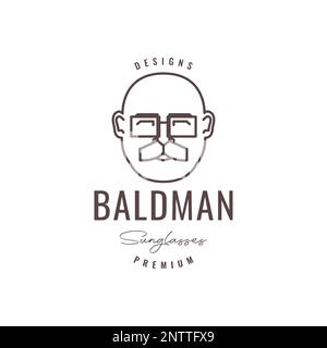 dessin animé sourire vieux homme tête chauve lunettes de soleil moustache ligne hipster logo design vecteur Illustration de Vecteur