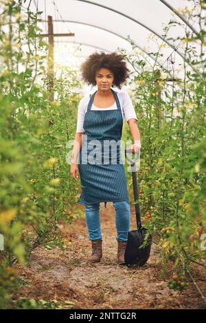 J'ai mis dans le dur travail. Photo pleine longueur d'une jeune agricultrice attirante debout dans un vignoble avec une pelle. Banque D'Images