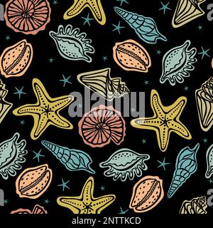Coquillages et étoiles de mer sans coutures. Papier marin sur fond noir Illustration de Vecteur