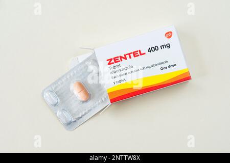 Zentel comprimé, utilisé pour traiter les infections causées par les vers Banque D'Images