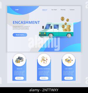 Modèle de site Web de page d'accueil de l'encaissement. Patrimoine, banque mobile, crédit de voiture. Bannière Web avec en-tête, contenu et pied de page. Illustration vectorielle. Illustration de Vecteur