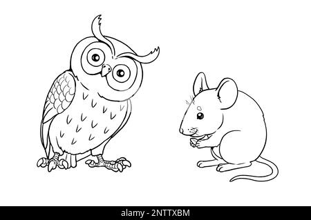 Souris et hibou à colorer. Modèle pour un livre de coloriage avec des animaux amusants. Modèle de coloriage pour enfants. Banque D'Images