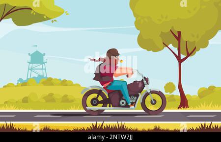 Poster moto avec moto à vélo de son vélo par campagne dessin animé illustration vectorielle Illustration de Vecteur