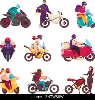 Icônes de dessin animé de moto avec des hommes et des femmes de motards et des vélos isolés illustration vectorielle Illustration de Vecteur
