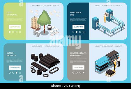 Technologie de production de caoutchouc pages d'atterrissage isométriques représentant des informations sur l'entrepôt d'équipement d'extraction de latex pour les produits en caoutchouc isométriques Illustration de Vecteur