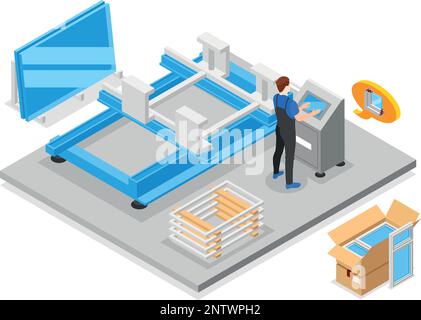 Fenêtres en plastique composition isométrique avec dessin vectoriel d'équipement de production à profil pvc Illustration de Vecteur