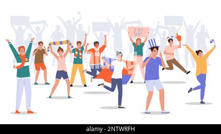 Une foule de fans de sport qui applaudissent avec des drapeaux affiche foulards avec des silhouettes de gens en arrière-plan illustration vectorielle de composition plate Illustration de Vecteur