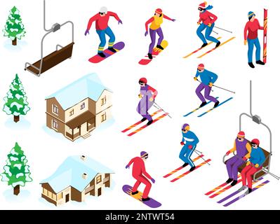 Icônes de station de ski isométrique avec des sportifs et équipement de ski illustration vectorielle isolée Illustration de Vecteur