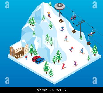 Station de ski isométrique avec des sportifs sur une colline enneigée illustration vectorielle Illustration de Vecteur