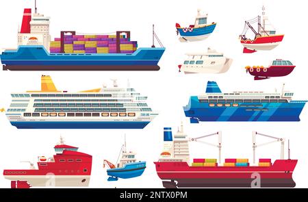 Cargos et bateaux de croisière fixés avec des symboles de port isolé plat vecteur ilustrate Illustration de Vecteur