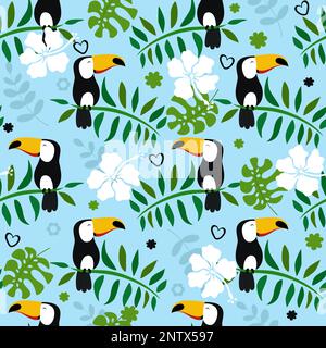 Toucan d'oiseau exotique, feuilles, fleurs et coeurs. Motif sans couture amusant. Illustration de Vecteur