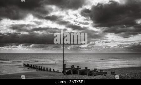 Un mouette se trouve au-dessus d'un poteau de marqueur de navigation attaché à une vieille groyne en bois sur la plage de galets de Bognor Regis, West Sussex, Royaume-Uni. Banque D'Images